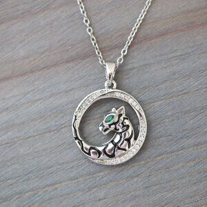 Panther Style Pendant Necklace with CZ Stones Silver Stainless Steel